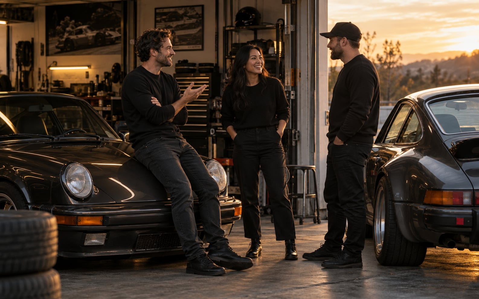 Automotive enthusiasts talking beside classic cars outside a garage