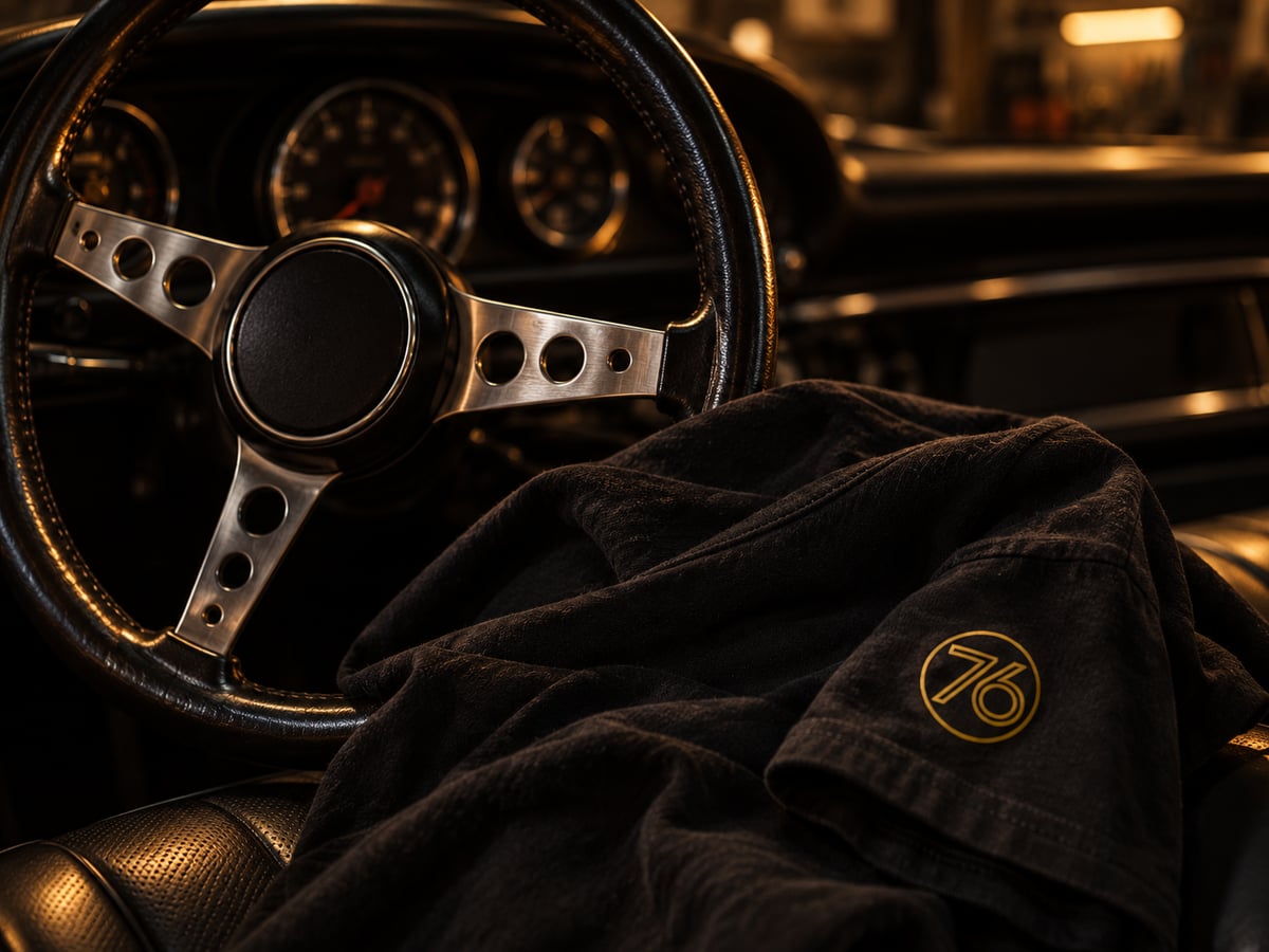 A classic steering wheel beside a folded 76 Motor Club tee